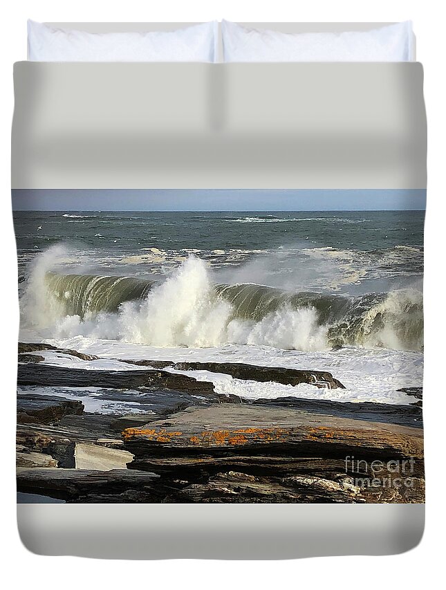 Winter Duvet Cover featuring the photograph High Surf Cape Elizabeth by Jeanette French