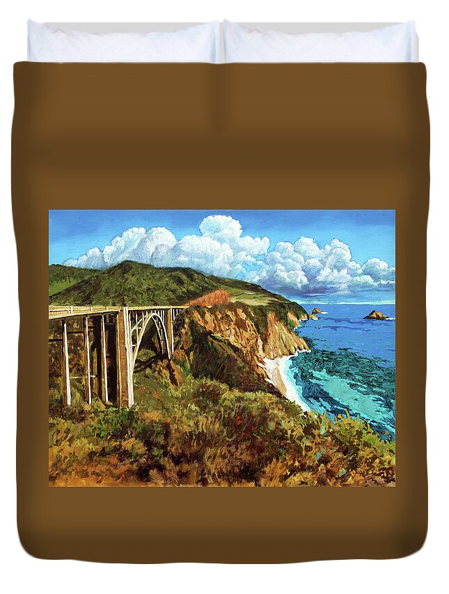 Highway One Duvet Cover featuring the painting Highway 1 Bridge by John Lautermilch