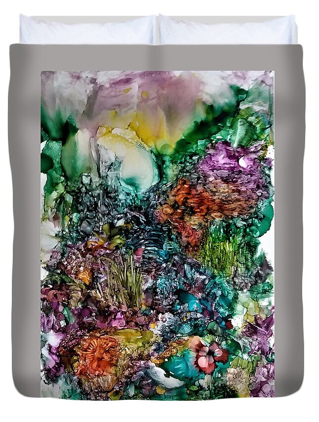 Bright Duvet Cover featuring the painting Hiking in Praiano by Angela Marinari