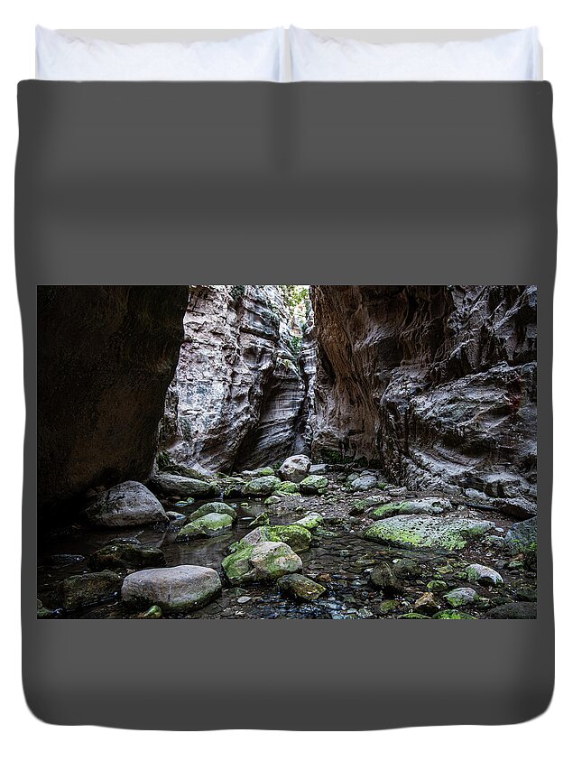 Canyon Duvet Cover featuring the photograph Hiking path through a gorge by Michalakis Ppalis