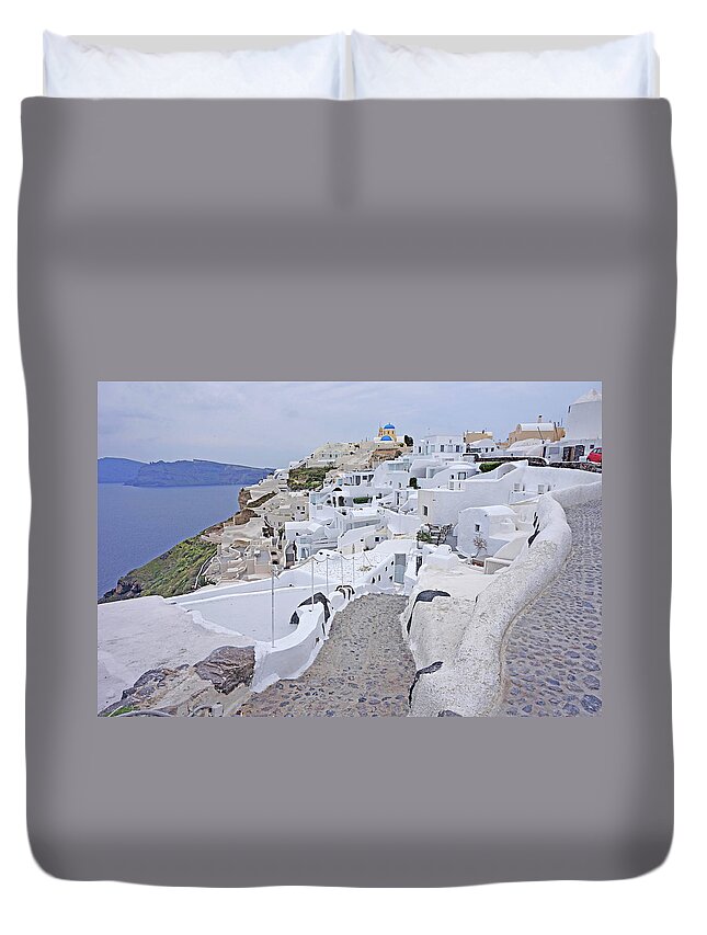 Santorini Duvet Cover featuring the photograph Hiking Santorini towards Oia by Yvonne Jasinski