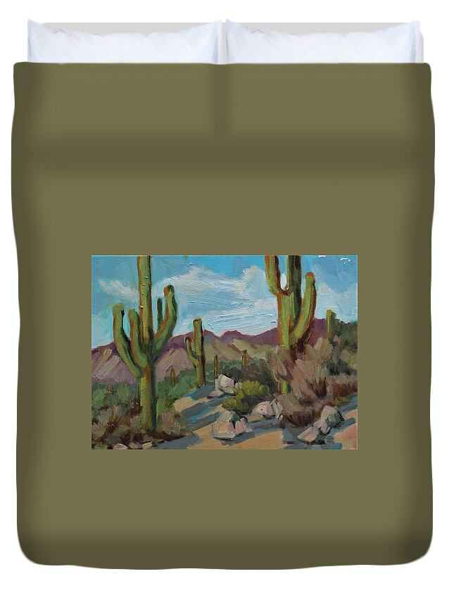 Saguaro Duvet Cover featuring the painting Hiking Trail Lake Pleasant Arizona by Diane McClary