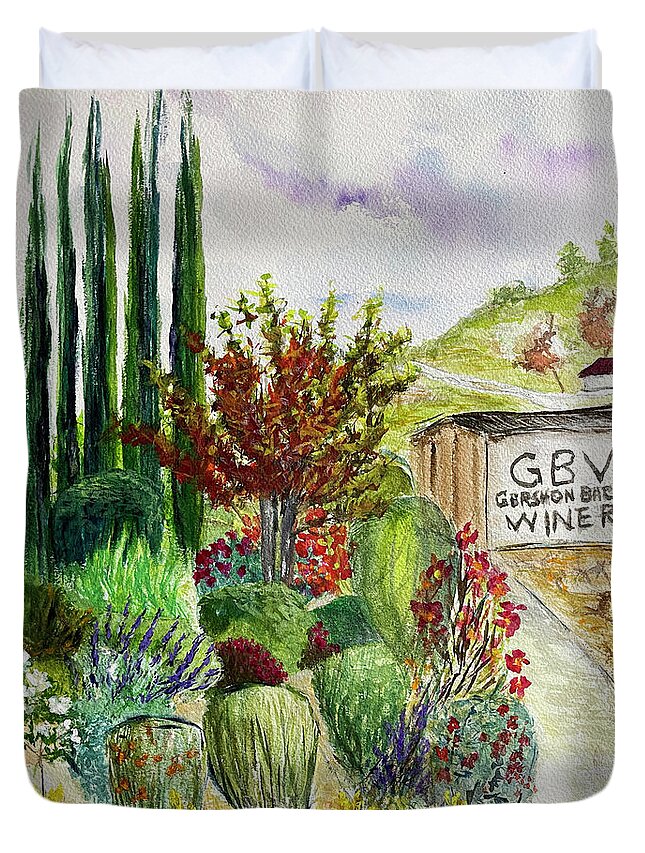 Gershon Bachus Vintners Duvet Cover featuring the painting Hill to the Barrel Room at GBV by Roxy Rich