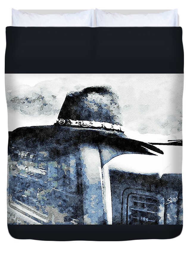 Watercolor Duvet Cover featuring the mixed media His Favorite Hat Watercolor Painting by Shelli Fitzpatrick
