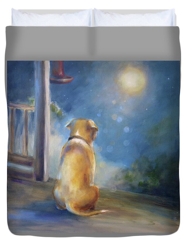 Dog Duvet Cover featuring the painting Contemplating Canine Space Travel by Dina Dargo