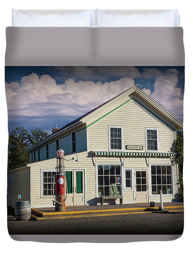 Art Duvet Cover featuring the photograph Historic Building with Red Crown Vintage Gasoline Pump in Glen H by Randall Nyhof