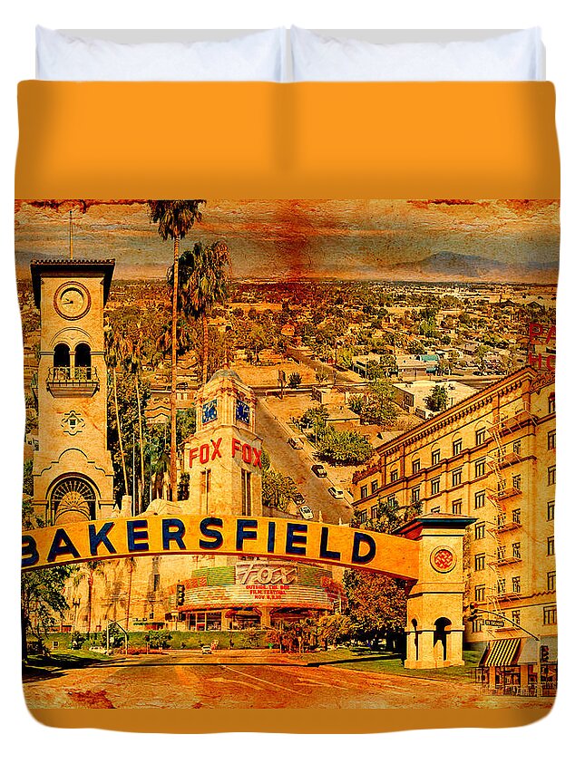 Bakersfield Duvet Cover featuring the digital art Historical buildings of Bakersfield, California, blended on old paper by Nicko Prints