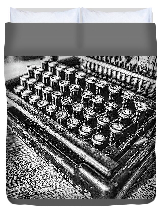 Typewriter Keyboard Duvet Cover featuring the photograph HJKL Black and White by Sharon Popek