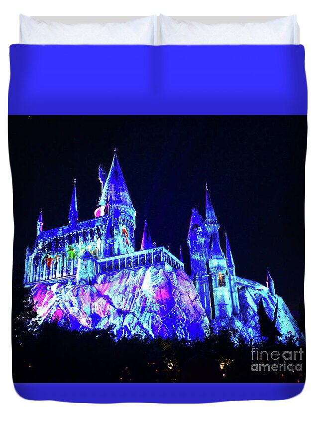 Hogwarts School Of Witchcraft And Wizardry Duvet Cover featuring the photograph Hogwarts castle Nighttime lights at Hogwarts work C by David Lee Thompson