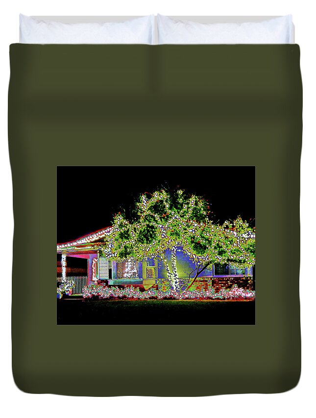 Night Photograph Of A House Lit Up With Holiday Lights Duvet Cover featuring the photograph Holiday House by Andrew Lawrence