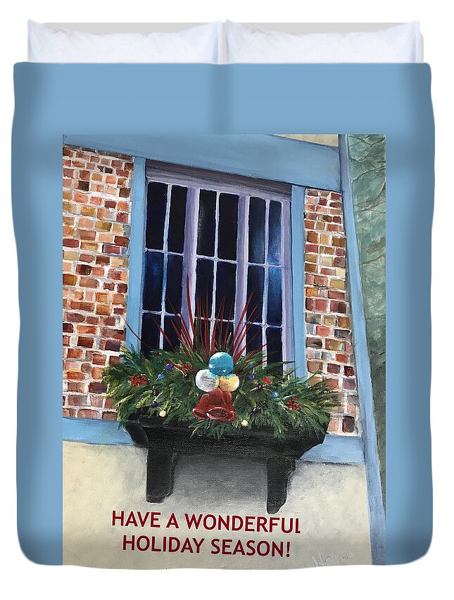 Christmas Duvet Cover featuring the painting Holiday Window Box by Deborah Naves