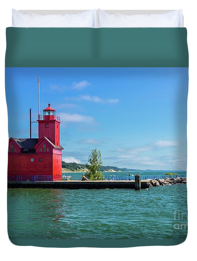 Lighthouse Duvet Cover featuring the photograph Holland Harbor Lighthouse by Jennifer White