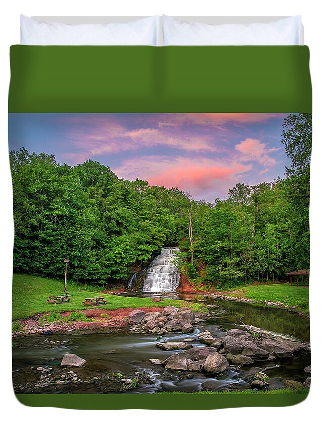 Waterfall Duvet Cover featuring the photograph Holley Canal Falls Sunset by Mark Papke