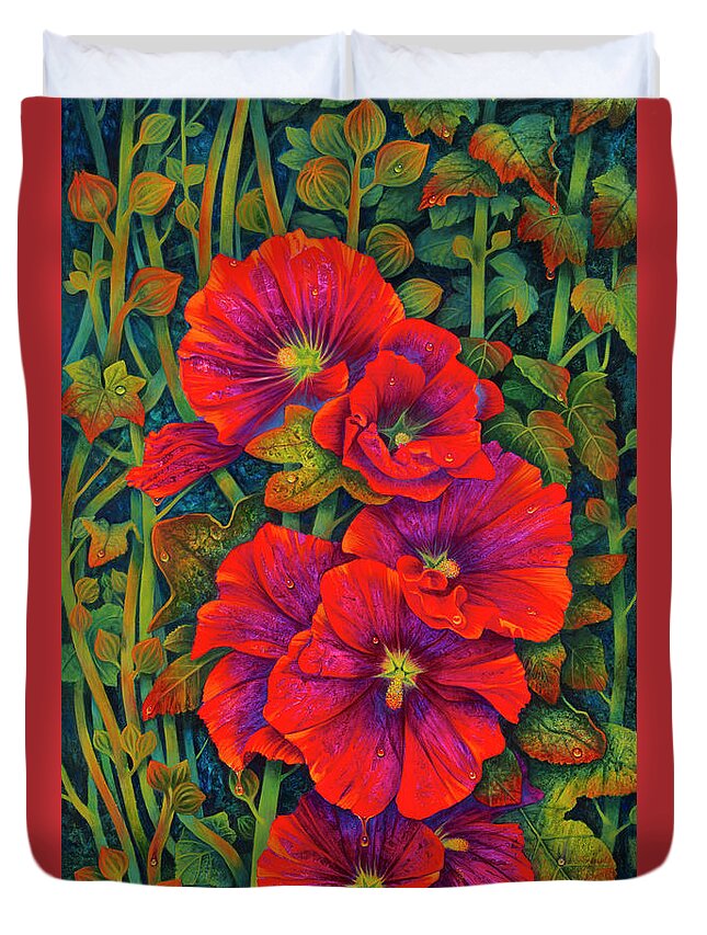 Flowers Duvet Cover featuring the painting Hollyhocks - 3D by Ricardo Chavez-Mendez
