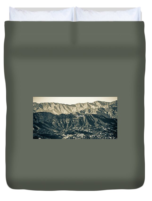 Hollywood Sign Duvet Cover featuring the photograph Hollywood Hills Sign Panoramic Sepia Mountain Landscape by Gregory Ballos
