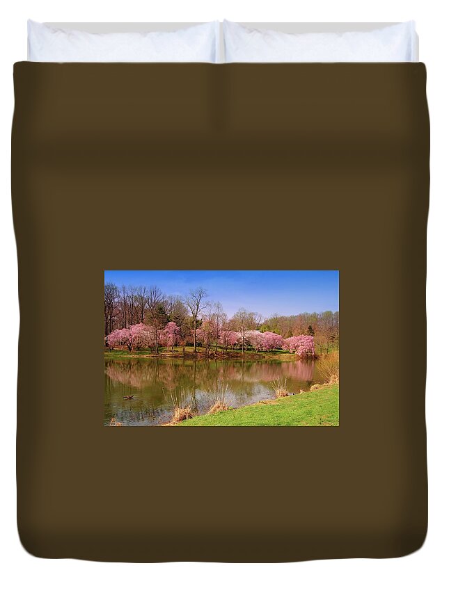 Cherry Blossoms Duvet Cover featuring the photograph Holmdel Park In Spring by Angie Tirado