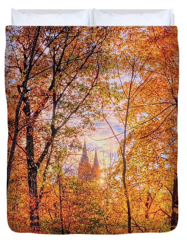 Church Duvet Cover featuring the photograph Holy Hill Basilica Through The Maples by Dale Kauzlaric