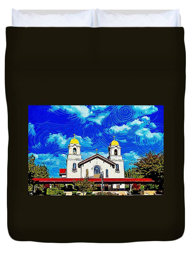 Holy Spirit Church Duvet Cover featuring the digital art Holy Spirit Church in Fremont, California - impressionist painting by Nicko Prints