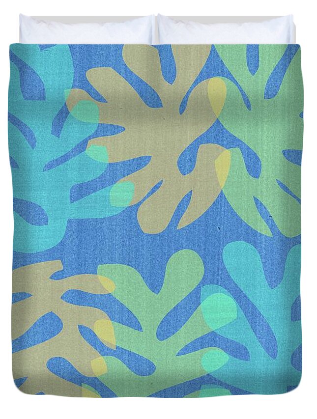 Mid Century Modern Duvet Cover featuring the mixed media Homage to Matisse on Blue by Donna Mibus
