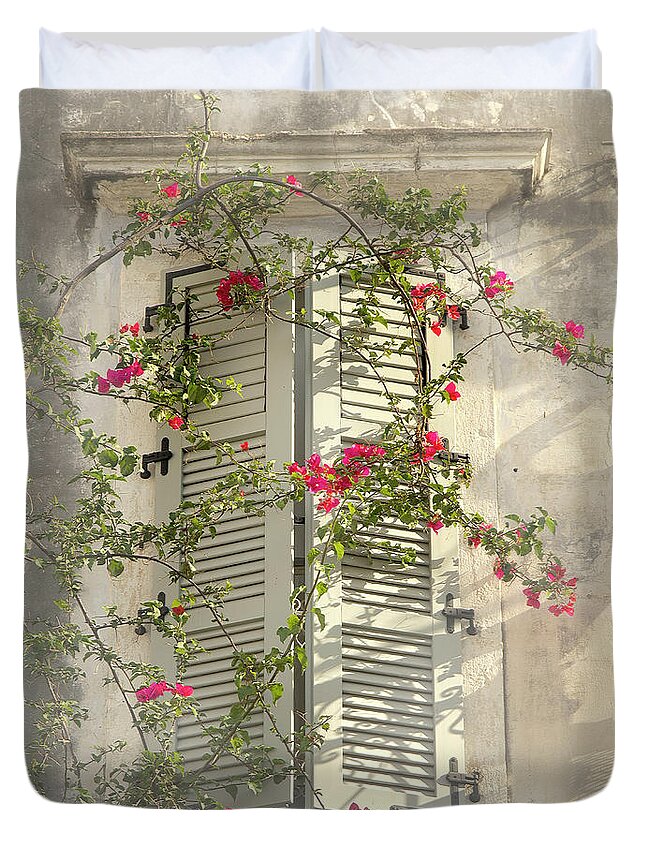 Home Sweet Window Shatters Flowers Soft Delicate Gentle Pleasing Impressionistic Impressions Impressionism Attractive Allure Atmospheric Uplifting Conceptual Charismatic Dreams Growing Flowering Peace Peaceful Tranquil Tranquility Restful Relaxing Relaxation Painterly Artistic Pastel Watercolor Art Old Smart Thought Provoking Thoughtful Haven House Poetic Magical Sunny Day Afternoon Foggy Misty Touching Life-style Half-opened Greece Corfu Greek Inspirational Spiritual Lightness Sun Highlights Duvet Cover featuring the photograph Home Sweet Home,warm Andtender by Tatiana Bogracheva