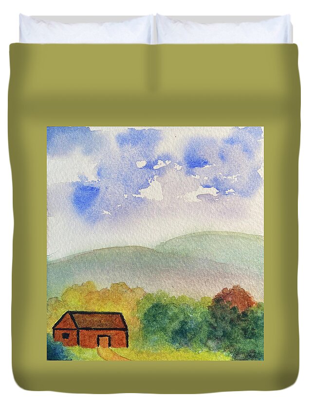 Berkshires Duvet Cover featuring the painting Home Tucked Into Hill by Anne Katzeff