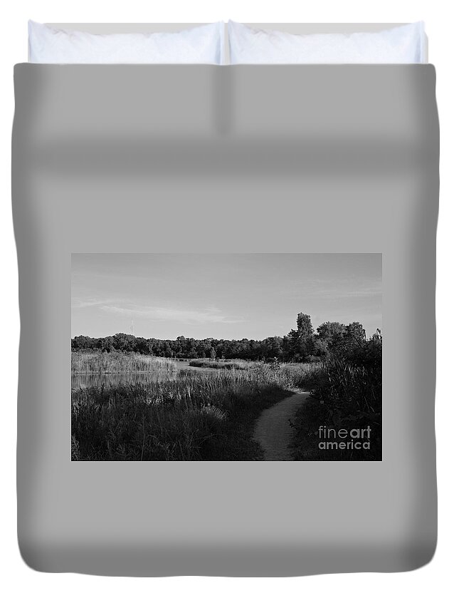 Nature Duvet Cover featuring the photograph Homewood Izaak Walton Prairie Lake - Black and White by Frank J Casella