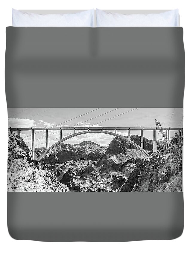 America Duvet Cover featuring the photograph Hoover Dam Bridge Black and White Panorama Picture by Paul Velgos