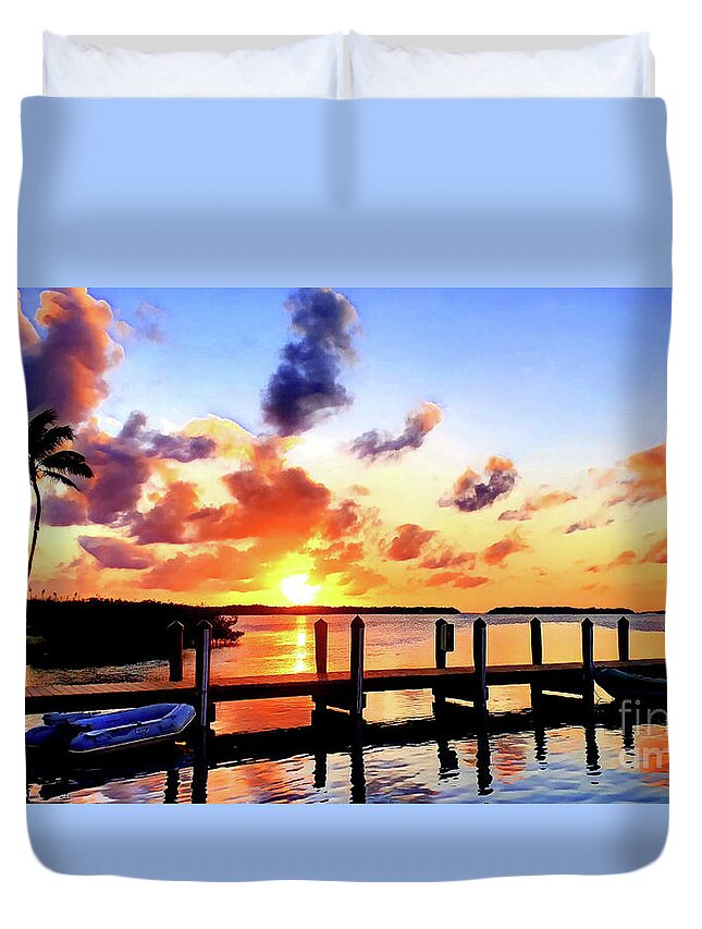 Islamorada Golden Glow Sunset Dock Boat Water Peace Serenity Happiness Blue Sky Palm Trees Reflections Eileen Kelly Artistic Aftermath Live Love Light Horizon Hope Grateful Duvet Cover featuring the digital art Hope on the Horizon by Eileen Kelly