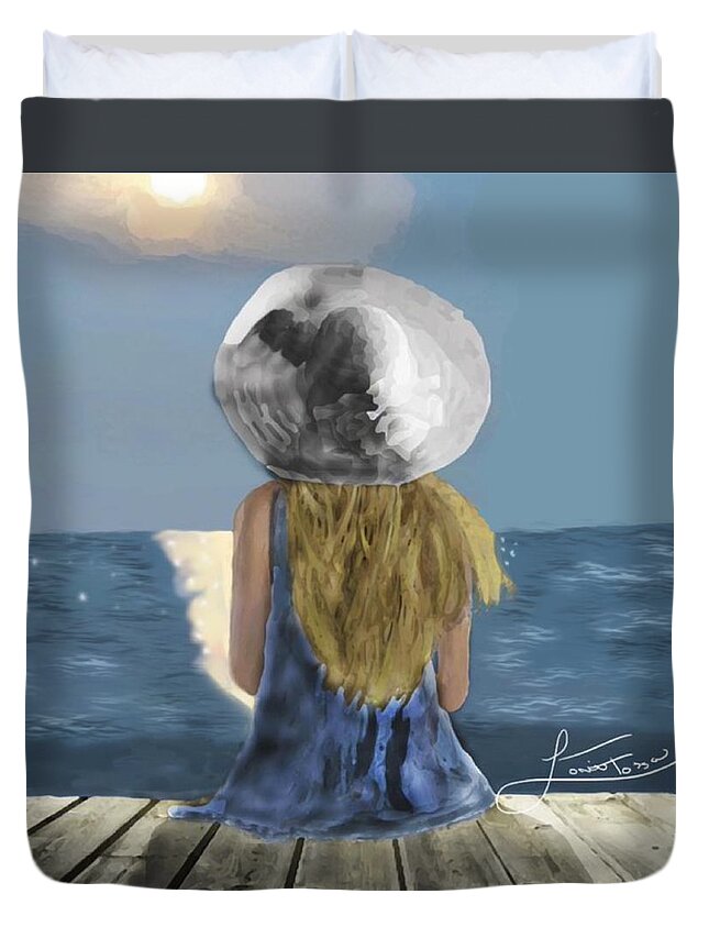 Girl Hat Sunset Dock Whimsical Sunset Ocean Waves Duvet Cover featuring the mixed media Hopes and Dreams by Lorie Fossa