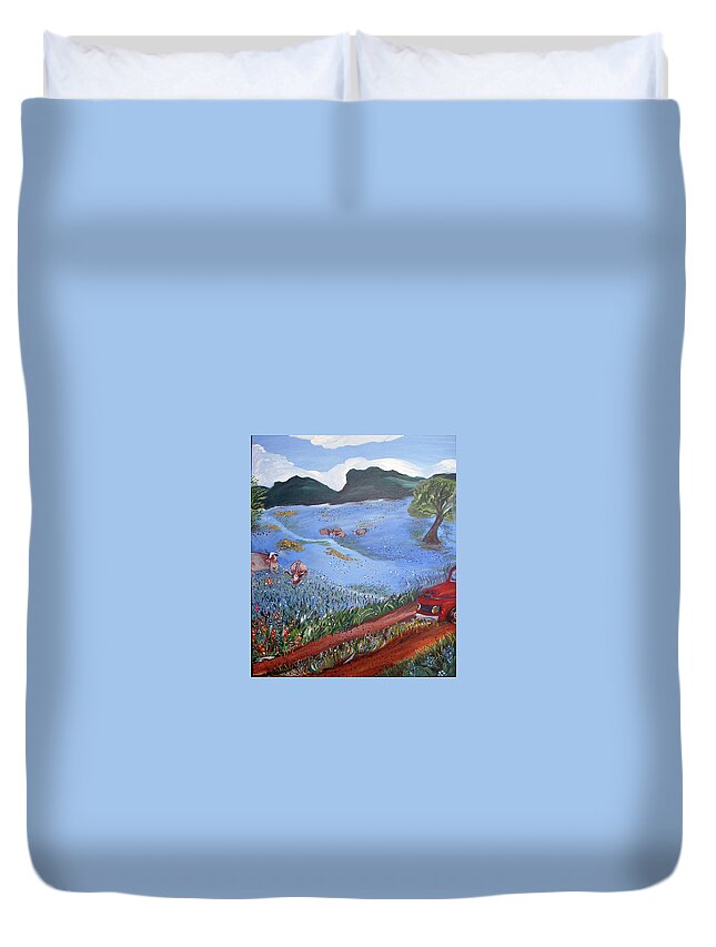 Landscape Duvet Cover featuring the painting Horns in Bluebonnets by Genevieve Holland