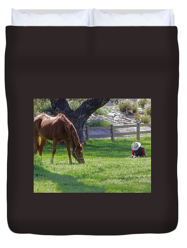 Horse Duvet Cover featuring the photograph Horse and Cowboy by Andrew Lawrence