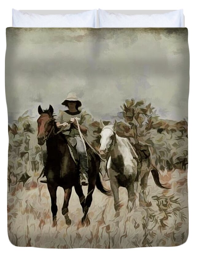 Horse Riding Duvet Cover featuring the mixed media Horse Power Mustering With A Spare by Joan Stratton