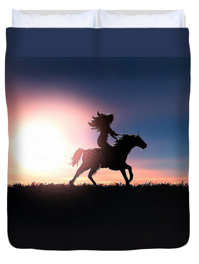 Horse Duvet Cover featuring the painting Horse Rider Sunset The West by Tony Rubino