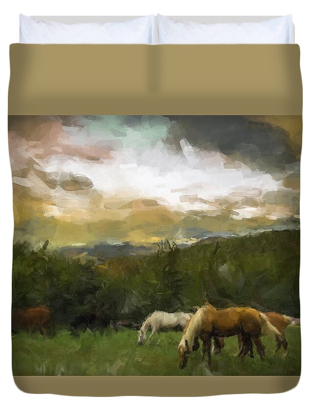 Horses Duvet Cover featuring the painting Horses Grazing by Gary Arnold