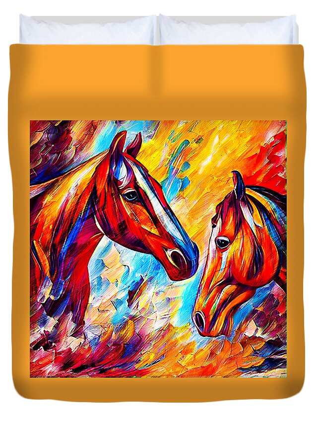 Horse Duvet Cover featuring the digital art Horses watching each other - colorful dark orange, red and cyan portrait by Nicko Prints