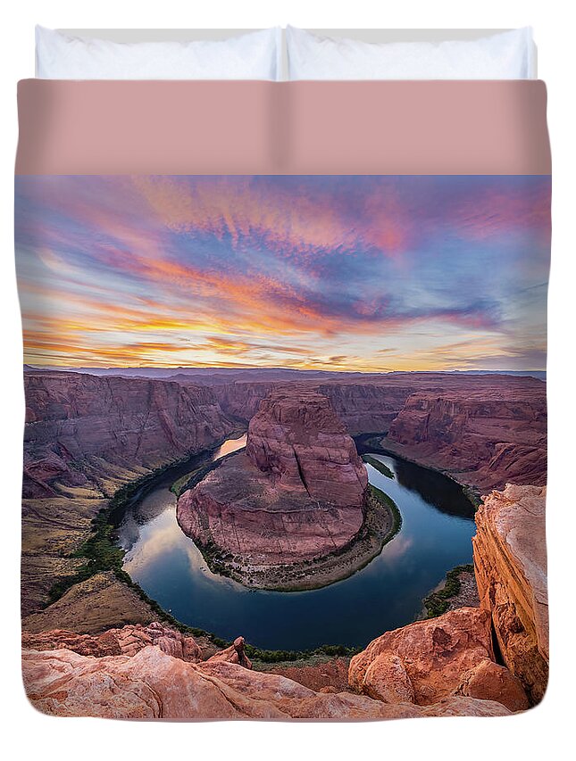Horseshoe Bend Duvet Cover featuring the photograph Horseshoe Bend Sunset by Mike Ronnebeck