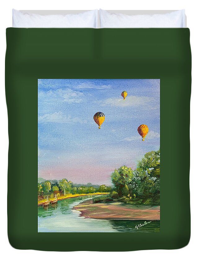 Dordogne River Duvet Cover featuring the painting Hot Air Balloons Over the Dordogne by Jan Chesler