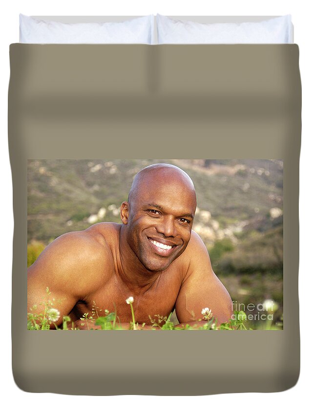 Male Duvet Cover featuring the photograph Hot looking bald black muscular man by Gunther Allen