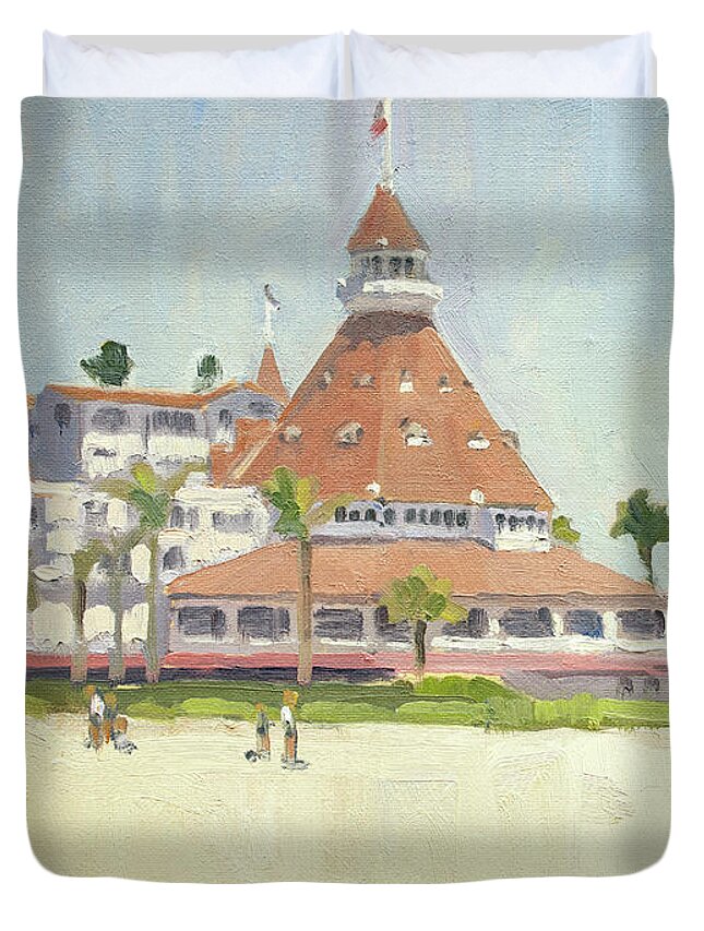 Hotel Del Coronado Duvet Cover featuring the painting Hotel Del Coronado Beach - Coronado, San Diego, California by Paul Strahm