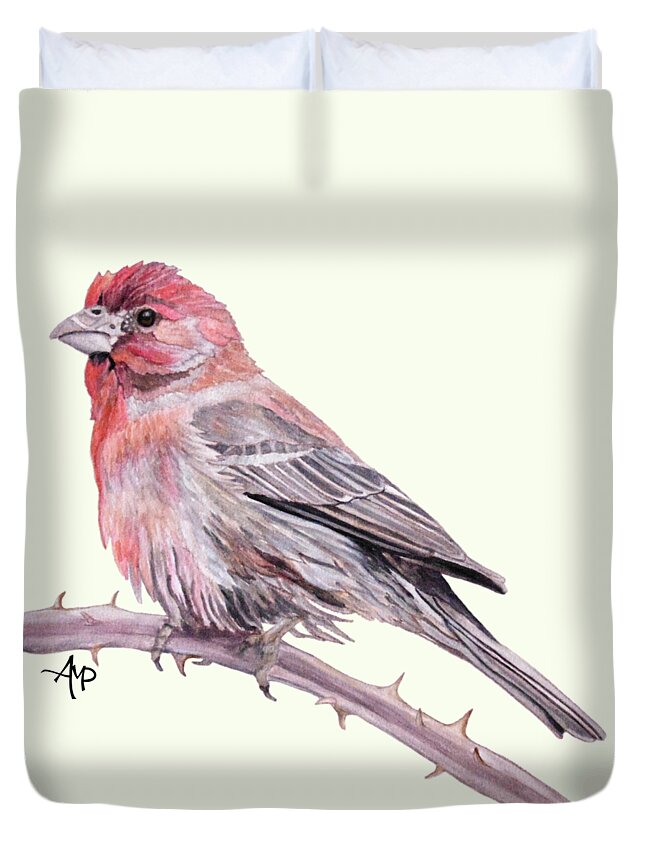 Finch Duvet Cover featuring the painting House Finch Watercolor by Angeles M Pomata