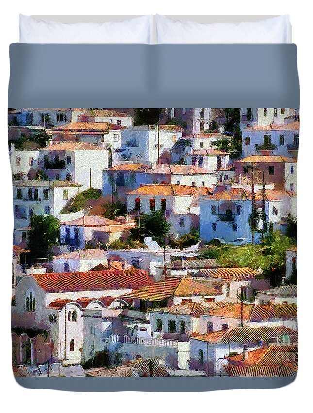 Poros; Greece; Hellas; Greek; Hellenic; Argosaronic; Town; Village; Chora; Light; Blue; Sky; Island; Islands; Holidays; Vacation; Travel; Trip; Voyage; Journey; Tourism; Touristic; Summer; Summertime; House; Houses; Pattern; Motif Duvet Cover featuring the painting Houses in Poros island by George Atsametakis