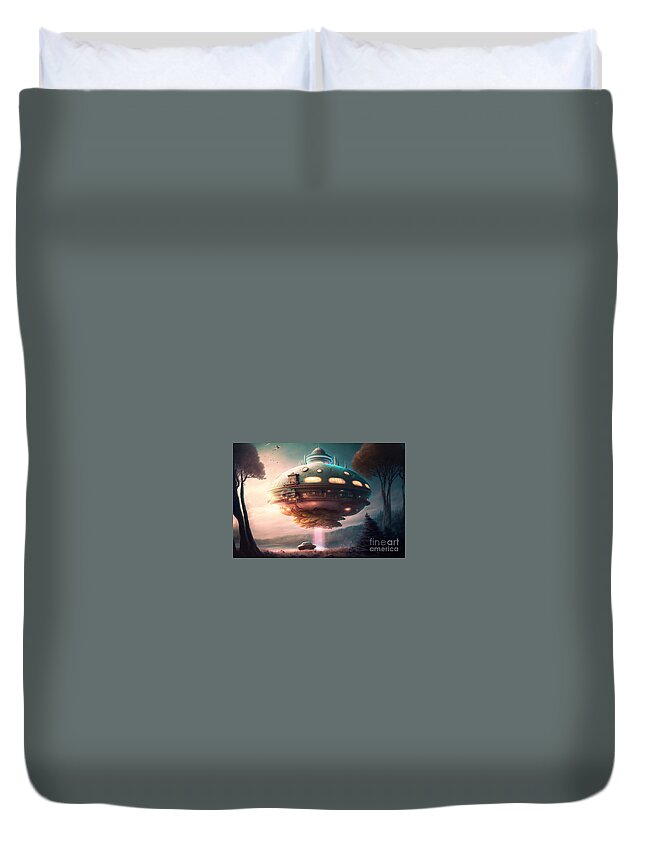 Hovering Ufo Duvet Cover featuring the mixed media Hovering UFO XII by Jay Schankman