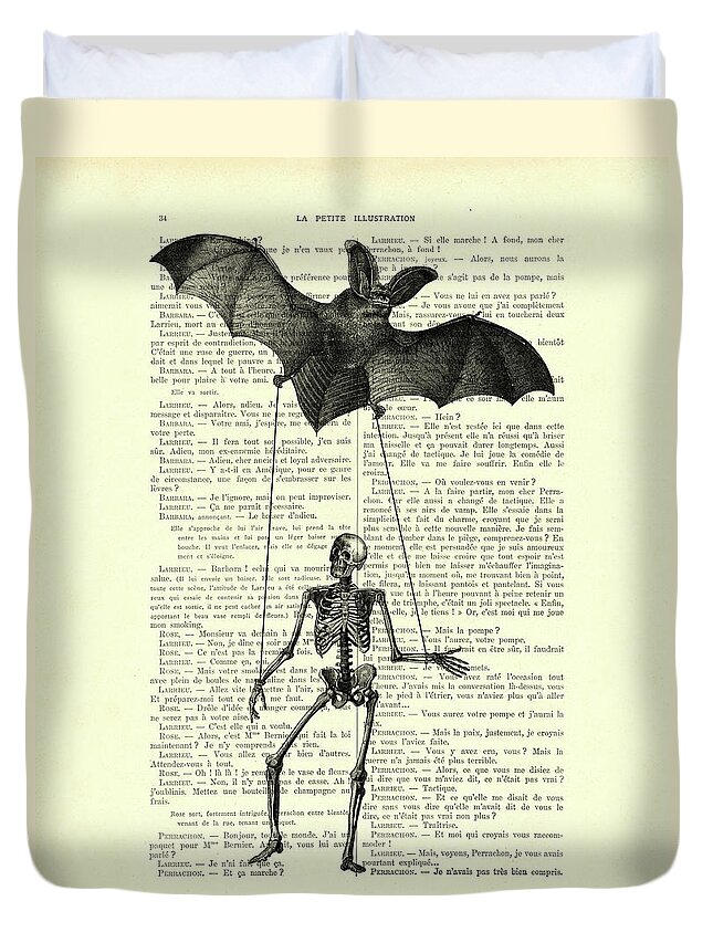 Skeleton Duvet Cover featuring the mixed media Human skeleton with giant bat art by Madame Memento