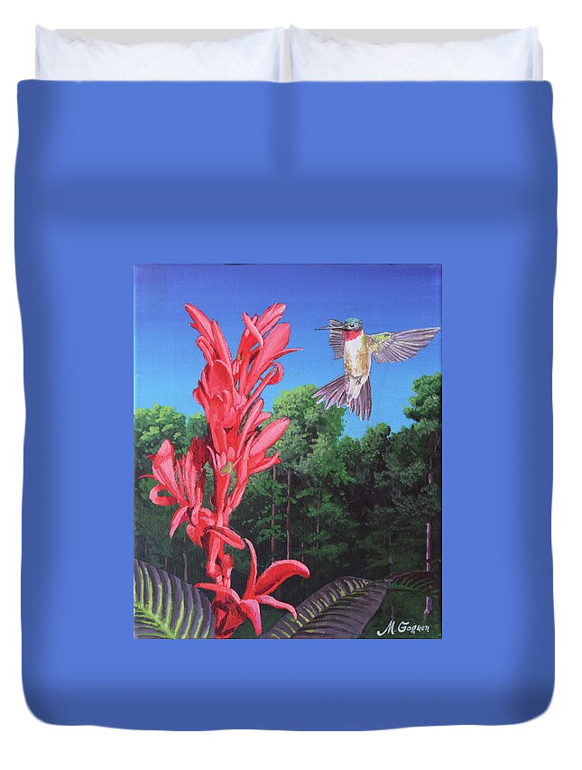 Hummingbird Duvet Cover featuring the painting Hummingbird and Flower by Michael Goguen