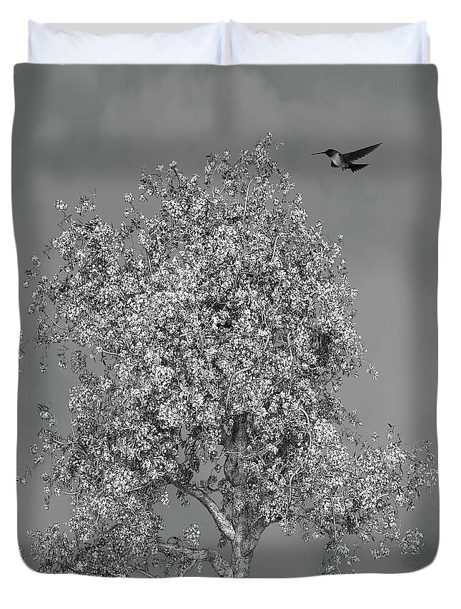 Hummingbird Duvet Cover featuring the mixed media Hummingbird At The Flowering Tree Black and White by David Dehner