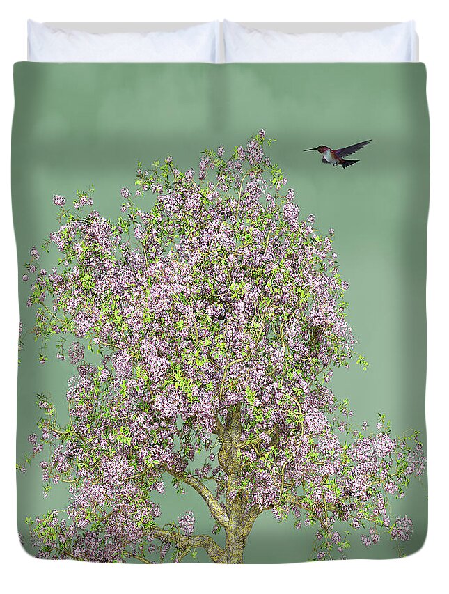 Hummingbird Duvet Cover featuring the mixed media Hummingbird At The Flowering Tree by David Dehner