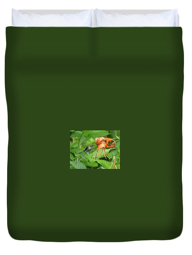 Hummingbird Duvet Cover featuring the photograph Hummingbird At The Tiger Lily by Rebecca Grzenda