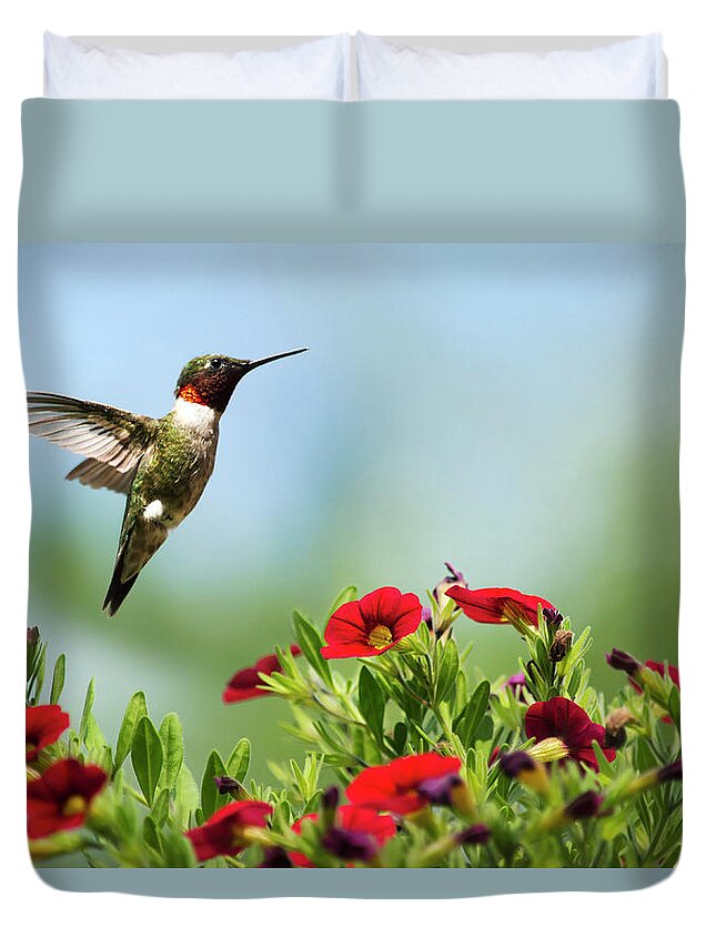 Hummingbird Duvet Cover featuring the photograph Hummingbird Frolic with Flowers by Christina Rollo