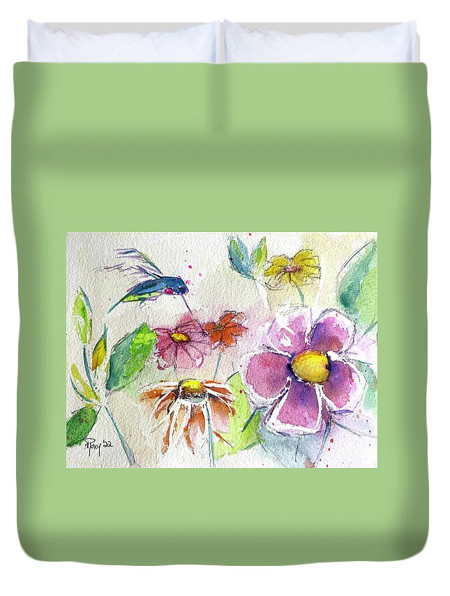 Watercolor Duvet Cover featuring the painting Hummingbird in the Garden by Roxy Rich