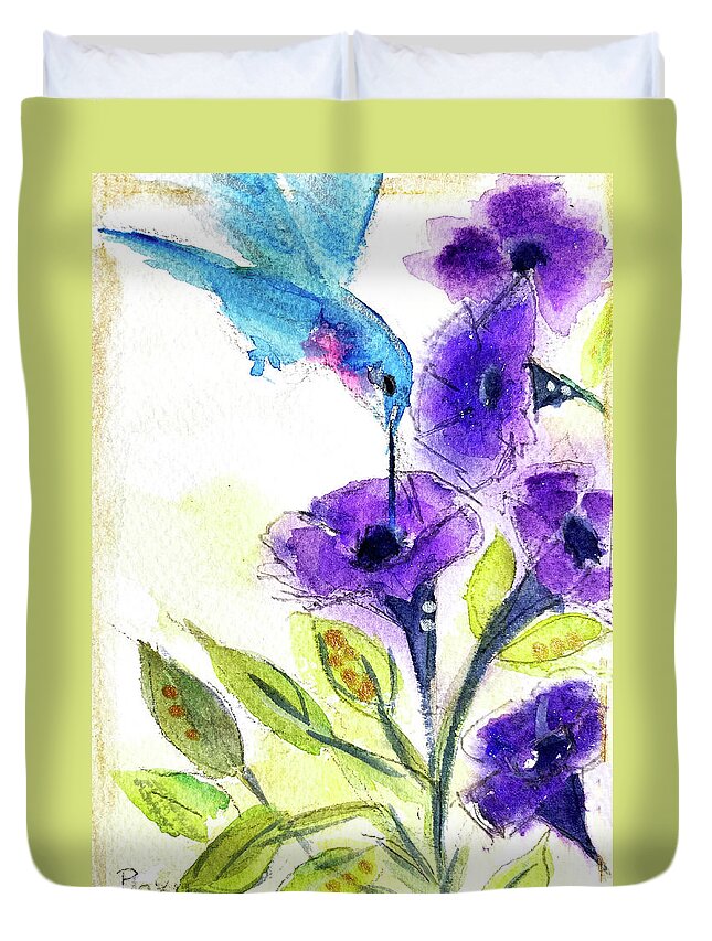 Hummingbird Painting Duvet Cover featuring the painting Hummingbird in the Purple Flowers by Roxy Rich